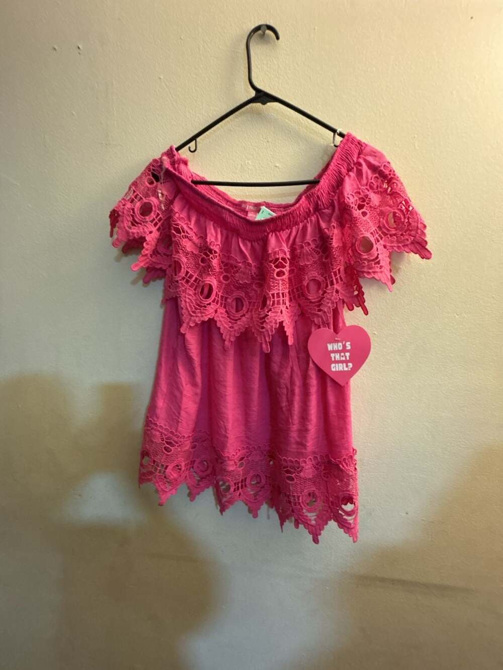 Who's That Girl Pink Off-The-Shoulder Crochet Lace Trim Top